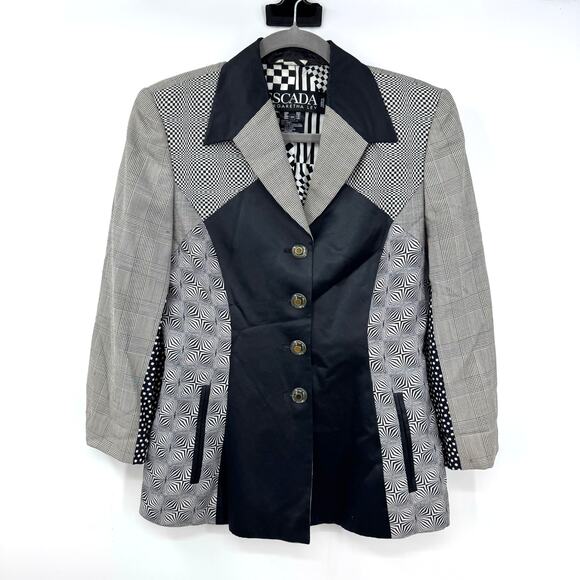 Vintage ESCADA Margaretha Ley Blazer Jacket 36 6 Black White Futuristic Silk - Picture 1 of 14